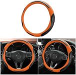 LoyaForba Leather Steering Wheel Cover, Auto Car Stretch Steering Wheel Protector, Universal 15 Inch Anti-Slip Breathable Odorless Steering Wheel Cover for Men Women (Black/Orange)