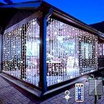 Solar Curtain Fairy Lights, 3M×3M 300 LED 8 Modes Waterproof Christmas Lights Outdoor/Indoor with Remote, Cool White Outdoor Fairy Lights for Gazebo, Wall, Fence, Patio, Window, Xmas Decoration