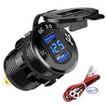 Quick Charge 3.0 Car Charger Socket 12V/24V 36W Aluminum QC3.0 Dual USB Fast Charger Socket Power Outlet with LED Voltmeter for Marine, Boat, Motorcycle, Truck, Golf Cart (Dual QC3.0 (Blue))