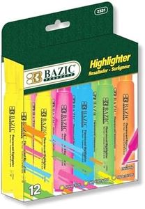 BAZIC Products Assorted Fluorescent Ink Highlighter – Chisel Tip Broad Fine Line, Desk Style Highlighter Pen for Office and School, Unscented, Smooth Marking, 12/Pack, 1-Pack