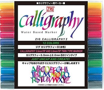 Kuretake ZIG Calligraphy Pens 2mm. 3.5mm Dual Tip Markers, AP-Certified, No mess, Photo-Safe, Acid Free, Lightfast, Odourless, Xylene Freeing, For Beginners, Made in Japan (12 color set)