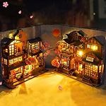 Deuson 3D Wooden Puzzle Bookend DIY Book Nook Kit with LED Light Shelf Insert Alley Miniature Dollhouse Model Building Set Craft for Birthday Gifts Home Desk Decoration N