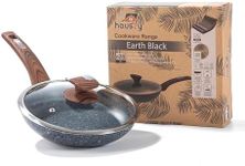 HOUSZY Granite Coating Frying Pan with Tempered Glass Lid-28 cm, The Non-stick Skillet is equipped with a Stay Cool Bakelite Handle & is induction ready (Handwash Only)