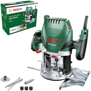 Bosch 1200W Electric Plunge Router with 8mm Bit, Parallel Guide, Template Guide, Dust Extraction Adapter, 28000 RPM, Speed Selection, Wood, 3 Collets Included (POF 1200 AE)