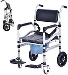 Shower Chair with Wheels Aluminum Alloy 4 in 1 Foldable Height Adjustable Shower Wheelchair, Sturdy Rolling Shower Chair with Large Commode for Seniors (black, A)