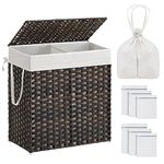 SONGMICS Laundry Hamper with Lid, 110L Clothes Hamper with 2 Removable Liner Bags, 6 Mesh Bags, Wicker Laundry Basket, Double Laundry Hamper for Bathroom, 13 x 22.4 x 23.6 Inches, Brown ULCB052K02