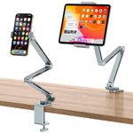 OMOTON 360° Rotatable Tablet Stand for iPad, GH03 Adjustable Aluminum Holder for Desk with 2 Clamps for Phone & Tablet, Overhead Phone Mount Compatible with 4-13" iPad Pro/iPhone, Grey