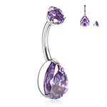 hengkaixuan Waterdrop G23 Titanium Navel Ring Internally Threaded Belly Button Ring Belly Button Piericing 14G Navel Ring 3/8 inch (10mm) Belly Button Bar Curved Shape with Purple CZ Navel Jewellery