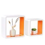 Homewell Set of 2 Cube Floating Shelves, Wood Wall Shelves for Home Decoration, Storage Display Rack, White+Orange.