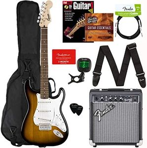 Fender Squier Stratocaster Pack - Sunburst Bundle with Frontman 10G Amplifier, Gig Bag, Instrument Cable, Tuner, Strap, Picks, Fender Play Online Lessons, Instructional Book, and Austin Bazaar Instructional DVD