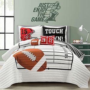 Lush Decor American Football Reversible Quilt Queen Size 5 Piece Set Full/Queen White & Black - Kids Bedding Set Queen Quilt - Football Decor