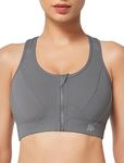 Yvette Zip Front Sports Bra - High Impact Sports Bras for Women Plus Size Workout Fitness Running,Grey,M