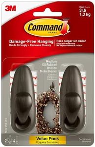 Command Medium Oil Rubbed Bronze Metal Hooks, 2 Hooks and 4 Command Strips, Damage Free Wall Hooks with Adhesive Strips, Forever Classic Hooks for Hanging Christmas Decorations, Holds up to 3 lb