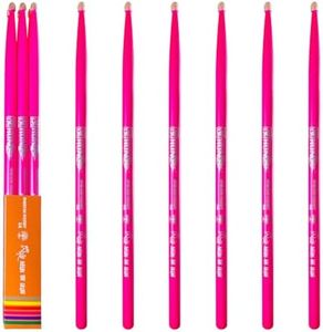 3-pairs(Pink),Neon UV Glow Drum Stick, Classic 5A Drum Sticks, Hickory Drum Stick, for Acoustic or Electronic Drum, wood drumstick glow under black light on stage,cant glow in dark.