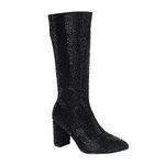 ABSOLEX Women Pointed Toe Rhinestone Block Medium Heel Knee High Boots, Black, 6