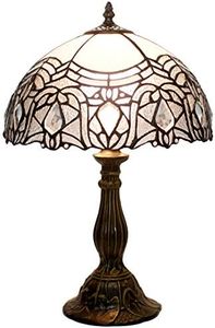 WERFACTORY Tiffany Lamp White Bent Stained Glass Bedside Table Lamp Reading Light 12X12X18 Inches Decor Bedroom Living Room Home Office S508W Series