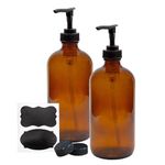 16-Ounce Amber Glass Bottles w/ Pump Dispensers (2-Pack); Refillable Lotion Liquid Soap Pump Brown Bottles + Chalk Labels & Lids, BPA-Free Plastic Tops; Also for Hand Care