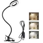 Semlos Desk Lamp Clamp, LED Clip on Light Bedside Light, White & Warm Dimmable Lights, USB Light for Reading Studying, Bed Clip Lamp with 3 Colors 10 Brightness, Black, 8W