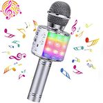 ShinePick Karaoke Wireless Microphone, 5 in 1 Recording & Singing Microphone for Kids Adults, Dancing LED Lights Portable Speaker Karaoke Machine, Bluetooth Microphone for Phone/Pad/TV (Sliver)