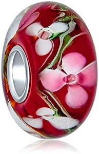 Murano Glass .925 Sterling Silver Core Floral Pink Red Cherry Blossom Flower Spacer Charm Bead Fits European Bracelet For Women Teen