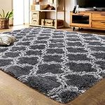 LOCHAS Luxury Velvet Shag Area Rug Mordern Indoor Plush Fluffy Rugs, Extra Soft and Comfy Carpet, Geometric Moroccan Rugs for Bedroom Living Room Girls Kids Nursery, 4x6 Feet Dark Grey/White