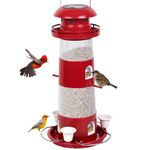 BHeadCat Bird Feeders for Outside, Solar Wild Bird Feeder for Outdoors Hanging, 2.3lbs Metal Birds Seed Feeders with 5 Feed Ports Large Capacity Container Drinking Cups for Wild, Finch, Cardinal