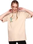 JUNEBERRY® Oversized Loose Baggy Fit Drop Shoulder Round Neck Half Sleeve Cool Punk Graphic Printed Pure Cotton Boyfriend T-Shirt for Women (M) Beige