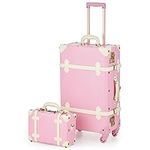 CO-Z Vintage Luggage Sets, 2 Piece Retro Suitcase with Spinner Wheels TSA Lock, Large 24" Trunk Small 12" Train Case Leather Travel Luggage Set for Women, Pink