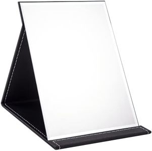 OWLKELA 25x18 cm Foldable Makeup Mirror, Super HD Portable Adjustable Mirror, Black Frameless PU Leather Vanity Mirror with Stand, Portable Travel Mirror for Travel Outing Personal