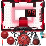 Remote Control Mini Basketball Hoop Indoor for Kids, Over Door Basketball Hoop with Electronic Scoreboard, Indoor Basketball Hoop with 4 Balls,Storage Clip&Bag,7 LED Light Toy Gift for Boy Girl 3+,Red