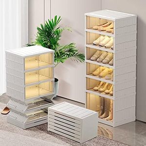CIMLORD 6-Tier Foldable Shoe Rack Organizer for Closet 6-12Pairs Plastic Collapsible Shoes Storage Box Clear Boxes Stackable with Door Easy Assembly Cabinet Bins Lids Large, Light Brown