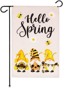 G128 Garden Flag Hello Spring Three Bee Gnomes 12"x18" Burlap Fabric