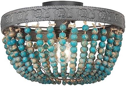 FIRVRE Boho Blue Natural Wooden Beads Chandelier, Vintage Rustic Ceiling Light Fixtures, Flush Mount Farmhouse Lamp, E27, for Bedroom Living Room Kitchen Dining Room Attic Hallway Staircase