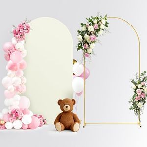 Pureegg Arch Backdrop Stand and Cover Set - 7.2FT Gold Metal Frame with Beige Fabric Cover, Easy-to-Assemble Wedding Arch Stand for Parties and Celebrations