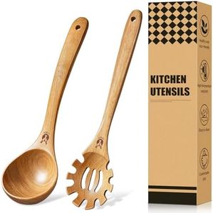 Wooden Spoons for Cooking, 2-Piece Wooden Soup Ladle & Pasta Spoon Set, Natural Teak Wooden Kitchen Utensils of Soup Ladle & Slotted Spaghetti Fork Strainer Spoon Set for Cooking, Serving and Stirring