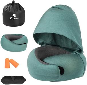 Vzpeun Travel Pillow - Hooded Neck Pillow Airplane Memory Foam Filling for Plane, Office, Cars Sleeping, Road Trip, Long Flights, Portable Plane Accessories, Includes Eye Mask & Earplugs (Green)