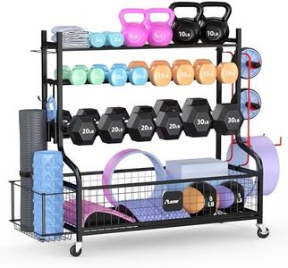 PLKOW Extra Wide Dumbbell Rack, Upgraded Weight Rack for Dumbbells Kettlebells Yoga Mat and Balls, Heavy Duty Home Gym Storage with Wheels and Hooks, Large Capacity Workout Organizer