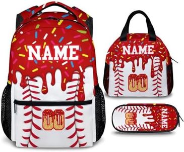 GiftRomance Kids Girls Backpack Personalized Red Baseball Ice Cream Backpacks for School, Custom 3Pcs Large Capacity Leisure Schoolbag for Hiking Travel Vacation