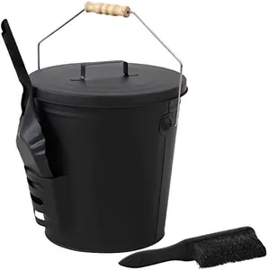 Sunnydaze 5‑Gallon Ash Bucket with Lid, Shovel & Brush – Metal Ash Can & Cleanup Accessories for Fireplace Hearth, Fire Pit, or Grill