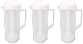 JBK Pottery 2-Quart White Mixing Pitcher with Plunger – BPA-Free Plastic Pitcher for Juice, Milk, Shakes, Tea & More – Dishwasher-Safe, Spill-Proof Lid, Set of 3