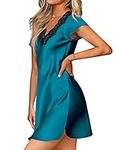 Ekouaer Women's Satin Nightgown Sleepwear Lace V Neck Side Slits Nightie Short Sleeves Nightshirt (Peacock Blue,3XL)