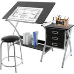 Yaheetech Drafting Desk, Drawing Table for Artists/Adults, Art Desk w/Stool and 3 Slide Drawers, Painting Studio Design Work Station, Adjustable Tabletop, Modern Home Office