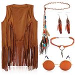 5pcs 60s 70s Hippie Costume Set for Women, Hippie Costumes Clothes with Tassel Vest Sunglasses Necklace Earrings Feather (L)