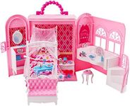 deAO 2-in-1 Pink Portable Carry Case Handbag and Dollhouse with Princess Deluxe Bedroom Furniture (Doll Not Included)