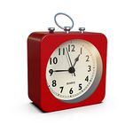 Kadio Battery Operated Alarm Clock with Square Metal Case,Silent No Ticking Analog Quartz, Simple Operation for Bedroom/Travel/Desk/Kids（Red）