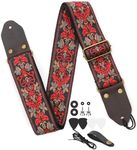 T Tersely Guitar Strap, Guitar Straps Adjustable Genuine Leather Ends Jacquard Weave Bass Strap for Acoustic/Electric/Guitars,(Multicolor stripes) (Retro Red Flower)