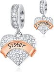 Sister I Love You Heart Pendant Charms in 925 Sterling Silver, fits Pandora Birthday Bracelet, Clear Sparkling CZ Little Girl Big Sis Dangle Beads, Gift for Bride/Girlfriend