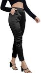 Women's Silky Satin Wedding Dressy Casual Elastic Waist Pants Party Club Wear Trousers, Black, Large