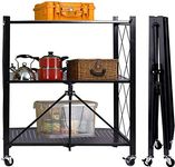 MosQuick® 3 layer Food Trolley Cart Basket Foldable,serving trolley, Kitchen Storage Rack Metal Rolling Wheels Slide Shelf Space saving Organizer-Black