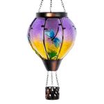 Starsoul Dragonfly Hot Air Balloon Solar Lantern Glass Solar Powered Hot Air Balloon Lantern with Flame Light Waterproof Hanging Outdoor Solar Lantern for Patio Pathway Yard Porch Backyard Decor